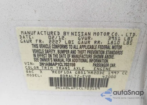 2012 Nissan Sentra 2.0 Sr из США, поврежденный, VIN 3N1AB6AP1CL703159